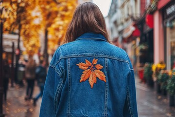 Stylish denim jacket with embroidered autumn leaf in city street. Generative AI