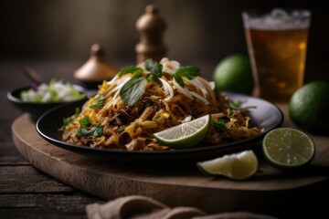 A beautifully plated Pad Thai dish garnished with fresh lime slices, bean sprouts, and cilantro, showcasing vibrant colors and rich flavors.