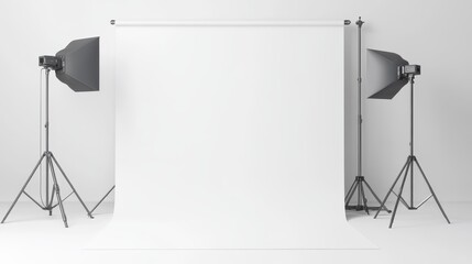 Professional photography studio setup with lights, backdrop, and equipment for creative projects.