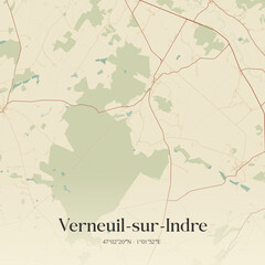 Fototapeta premium Vintage map of Verneuil-sur-Indre, France.