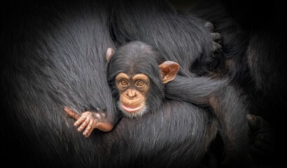 Young chimpanzee nestled in mother's embrace.