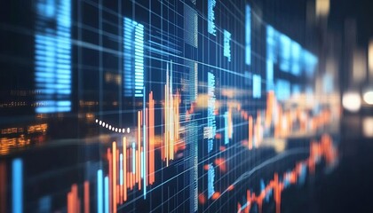 Global Business Growth Analysis with Investment and Financial Data Holographic charts representing investment success and economic trends.