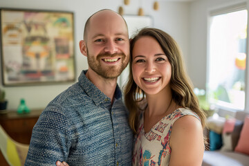Fototapeta premium A joyful couple standing close together Dressed casually in comfortable clothing.