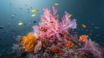 Fototapeta premium A high-resolution photograph of a vibrant coral reef ecosystem teeming with diverse marine life, featuring colorful fish, corals, and aquatic flora in a sunlit underwater paradise.