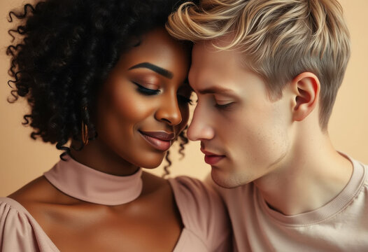 Pareja multirracial, la mujer de piel morena profunda y rizos voluminosos, el hombre de piel clara y cabello rubio corto y ondulado, ambos vestidos de color beige pastel