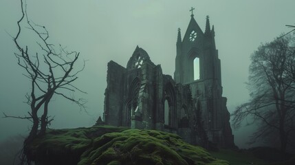 Obraz premium A gothic cathedral ruin shrouded in mist, standing ominously on a moss-covered hill, evoking a dark and mysterious atmosphere.