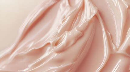 Close-up of a luscious, light pink cream swirling in a glossy, smooth pattern, reflecting light subtly.