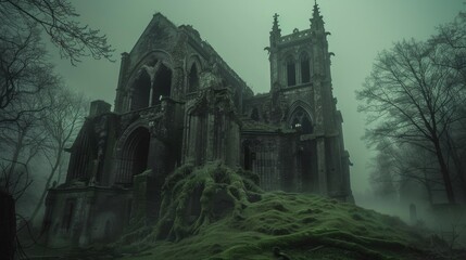 Obraz premium A gothic cathedral ruin shrouded in mist, standing ominously on a moss-covered hill, evoking a dark and mysterious atmosphere.