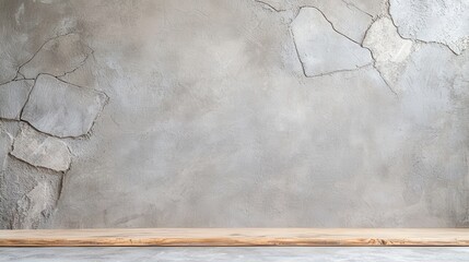 Textured concrete wall with cracked stones and wooden ledge, creating a rustic and industrial aesthetic.