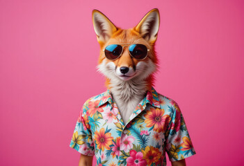 Un zorro elegante con gafas de sol de aviador y una camisa hawaiana floral, de pie con confianza sobre un fondo rosa neón
