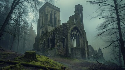 A gothic cathedral ruin shrouded in mist, standing ominously on a moss-covered hill, evoking a dark and mysterious atmosphere.
