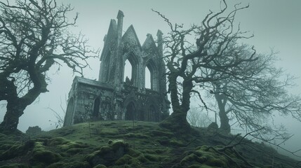 Obraz premium A gothic cathedral ruin shrouded in mist, standing ominously on a moss-covered hill, evoking a dark and mysterious atmosphere.