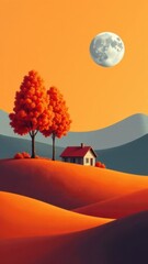 Vibrant autumn landscape with cozy house, red trees, and full moon