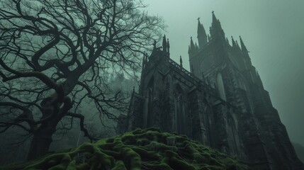 Obraz premium A gothic cathedral ruin shrouded in mist, standing ominously on a moss-covered hill, evoking a dark and mysterious atmosphere.