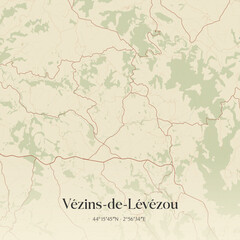 Fototapeta premium Vintage map of Vézins-de-Lévézou, France.