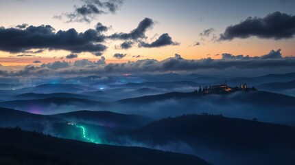 Obraz premium Foggy Hills at Dusk with Glowing Lights and Atmospheric Clouds