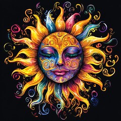 Naklejka premium Colorful sun face design; abstract art; vibrant colors; decorative; wallpaper