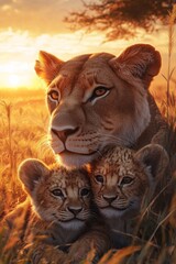 Obraz premium A lioness with her cubs amidst grass under the sunset. Gentle-looking lioness with cubs in tall grass under soft golden light.