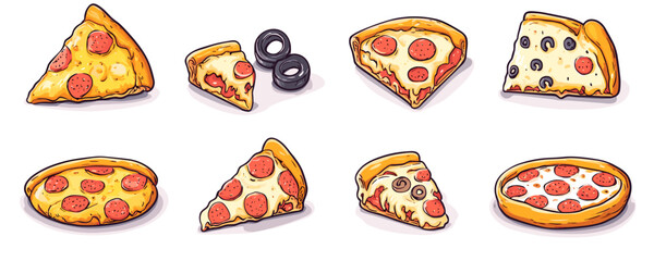 Various pizza slices with pepperoni and olives in different styles and crusts. Vector