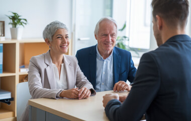 Senior couple client consults with a real estate agent and financial consultant or adviser, sitting at a table in an office. They discuss insurance, investments, and other aspects of meeting.