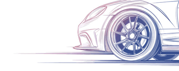 Conceptual sketch of sports car front with detailed wheel and aerodynamic design. Vector
