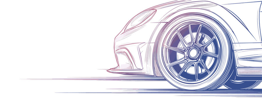 Conceptual sketch of sports car front with detailed wheel and aerodynamic design. Vector