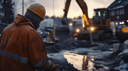 Construction Worker at Dusk: A construction worker is hard at work in the dusk at a construction site, heavy machinery and excavators in the background, The work showcases the labor, and dedication.