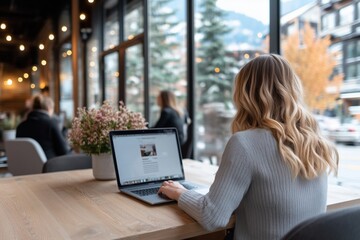 Freelancerin arbeitet im Café mit Laptop

