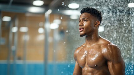 fit man stands under shower, water cascading down his muscular body, showcasing strength and determination. atmosphere is refreshing and invigorating