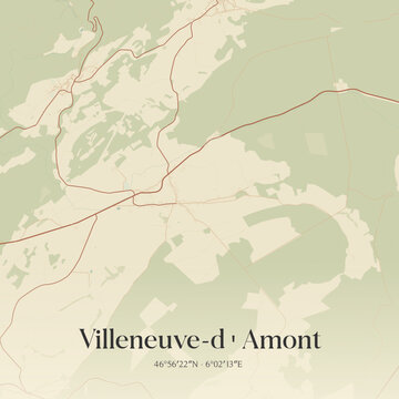 Vintage map of Villeneuve-d'Amont, France.