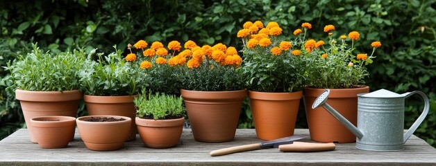 Fototapeta premium Colorful marigold flowers and tools prepare for a busy spring gardening session on a sunny wooden table in a vibrant courtyard
