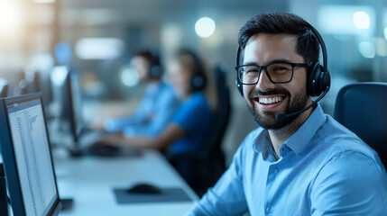 Man in headset smiling at camera while working in call center, surrounded by colleagues in modern office environment, showcasing teamwork and professionalism