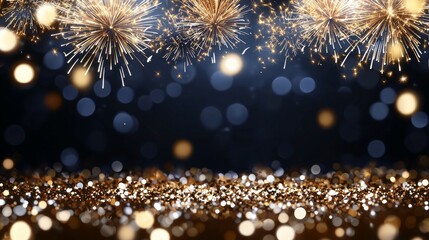 Fototapeta premium Golden Fireworks and Glittering Glamour in Night Sky - Luxurious Festive Celebration Background with Sparkling Gold and Silver Particles