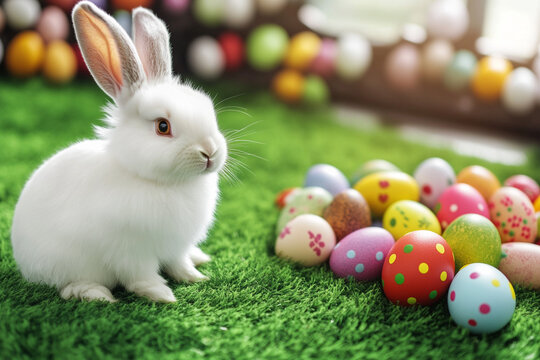 White rabbit sitting beside colorful Easter eggs on green grass in a festive setting