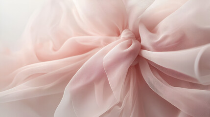 Elegant close-up of pale pink sheer fabric knotted in the center, creating soft, flowing lines. Gentle pastel colors.