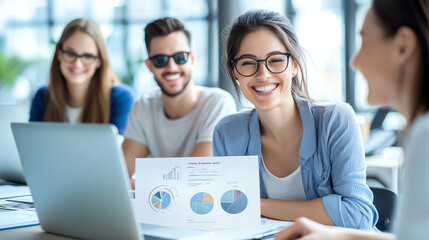 Happy business people collaborating with laptop and charts in meeting