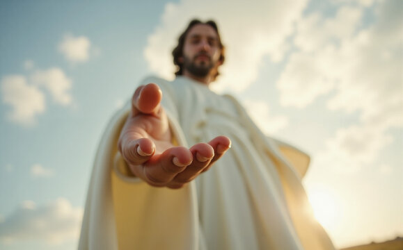 outstretched arm of a man in a white robe against the background of a sky with clouds of blue, white and golden light