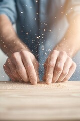 Fototapeta premium close-up of carpenter hands sanding smooth wooden surface revealing fine wood grains