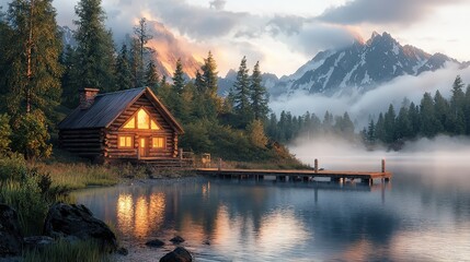 Fototapeta premium Log cabin glows by serene lake with mountains. Symbolizing tranquil retreats. Ideal for travel, real estate, vacation rentals, or remote workspaces visuals.