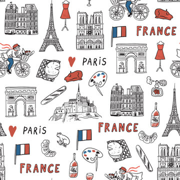 France Paris travel destination landmarks illustrations seamless pattern