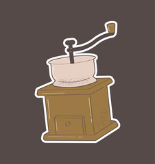 Coffee grinder grinds coffee beans, vector sticker
