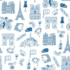 France Paris travel destination landmarks illustrations seamless pattern