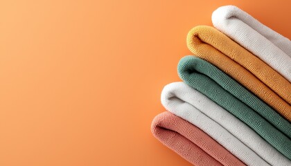 Folded microfiber cloths on an orange background. Set of cleaning cloths on an orange background with space for text.