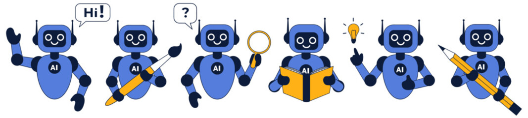 Set of modern illustrations of robot with artificial intelligence. Cute mascot in different poses. Assistant, support device with AI. Flat vector illustrations isolated on white background.