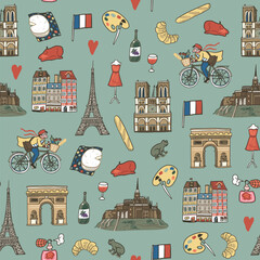 Seamless pattern with hand drawn Paris elements. Vector illustration.