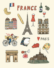 France Paris travel destination landmarks illustrations set