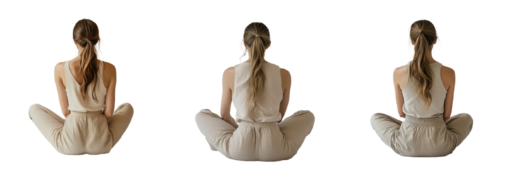 A Set of Fashionable Women Sitting Cross-Legged in Beige Pants Isolated on Transparent Background
