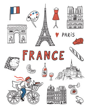 France Paris travel destination landmarks illustrations set