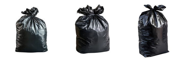 A Set of Upright Black Garbage Bags with Trash Isolated on Transparent Background