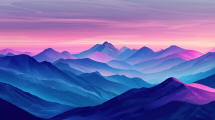 Fototapeta premium Layered blue mountains at sunset with a pink sky, symbolizing tranquility and vastness. Ideal for travel, nature, mindfulness, and landscape photography projects.
